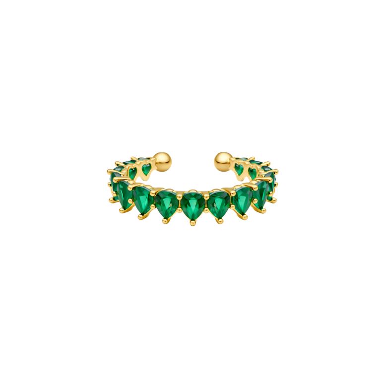 Anello Regolabile Cristalli Verdi a Cuore: Gold adjustable ring adorned with vibrant green heart-shaped crystals.