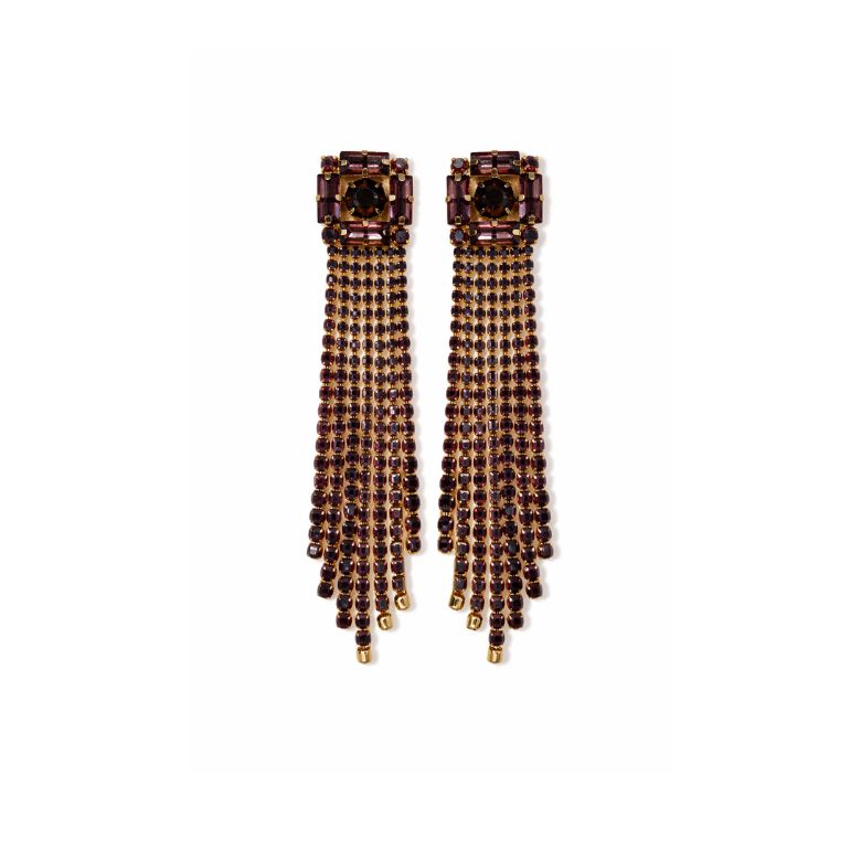 Elegant purple rhinestone "Orecchini Pendenti Con Pietra In Castone E Strass" drop earrings with gold-tone finish on white.