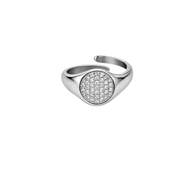 Anello Pavé Regolabile in Acciaio con Strass Centrali: design rotondo, acciaio lucido, strass scintillanti. Regolabile e moderno.