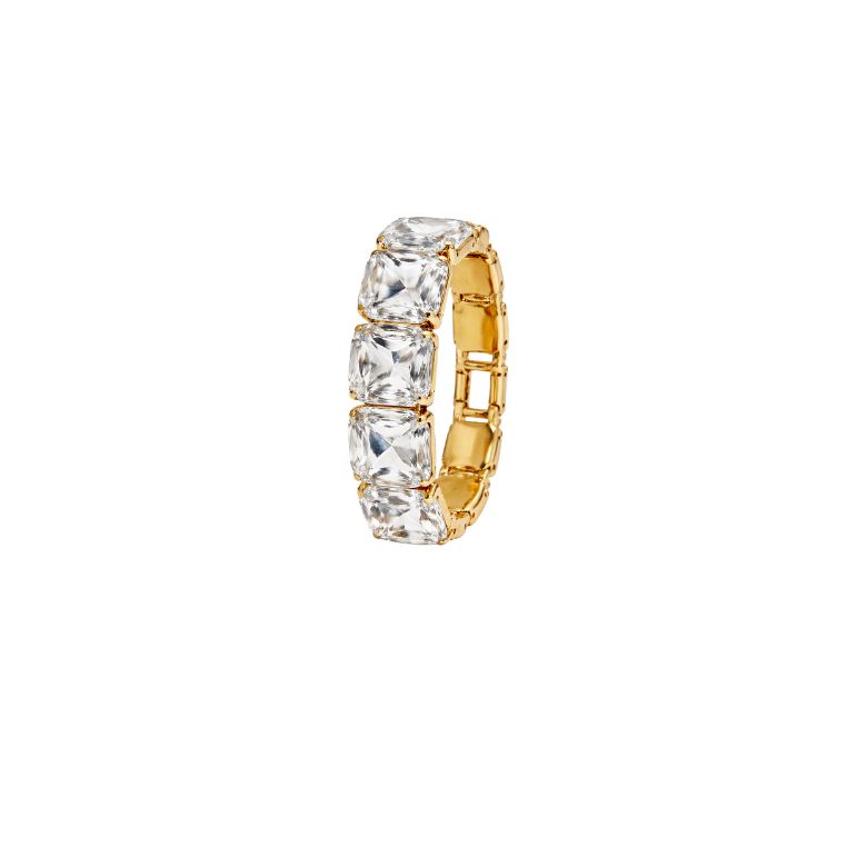 Close-up of the Bracciale Donna Crystal in Acciaio Dorato, featuring square crystals on a gold-toned steel band.