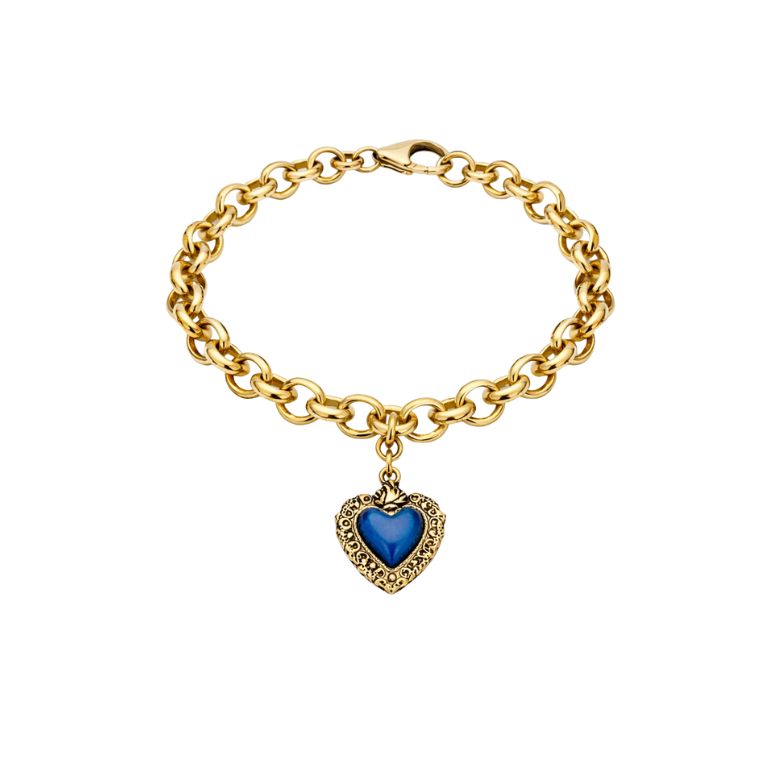 Bracciale Con Cuore Smaltato Blu A Pendente: Elegant gold bracelet with bold chain and intense blue enamel heart pendant for a romantic touch.