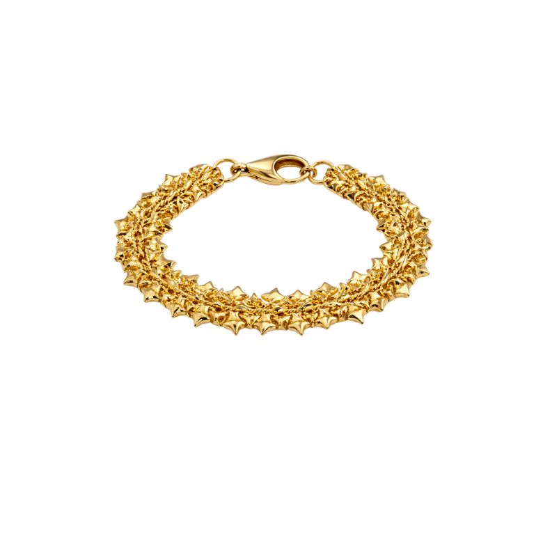 Close-up of the Bracciale in Acciaio Dorato con Cuori Stilizzati, a gold-toned bracelet with stylized heart details and lobster clasp on a white background.