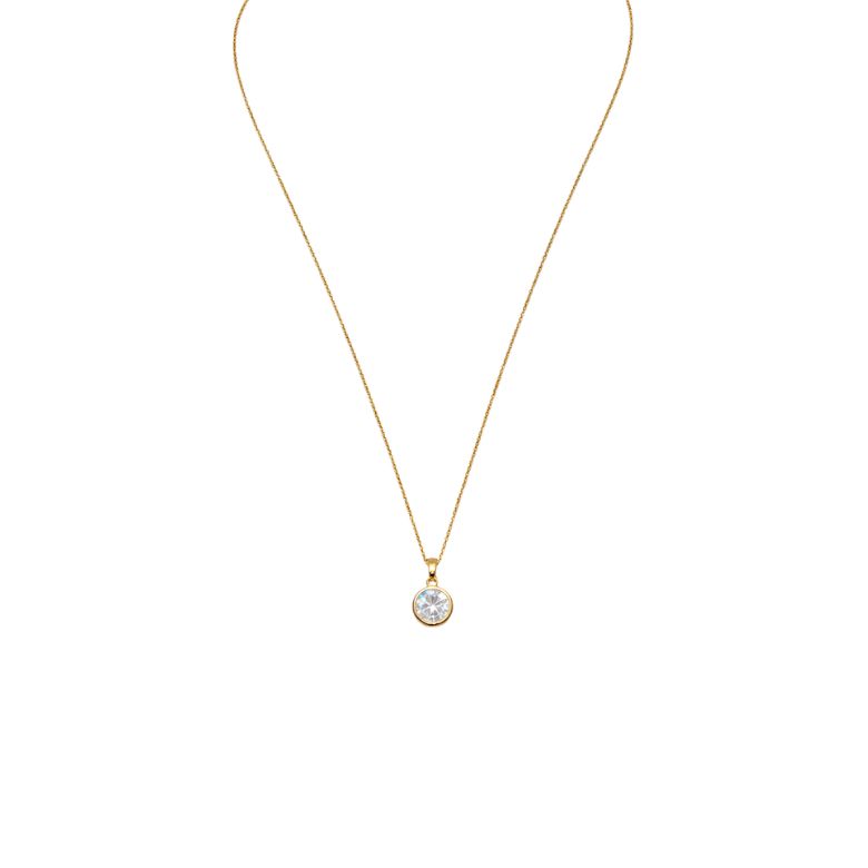 Close-up of Collana con Ciondolo Punto Luce in Acciaio Dorato: A delicate gold chain necklace with a clear, round gemstone pendant.