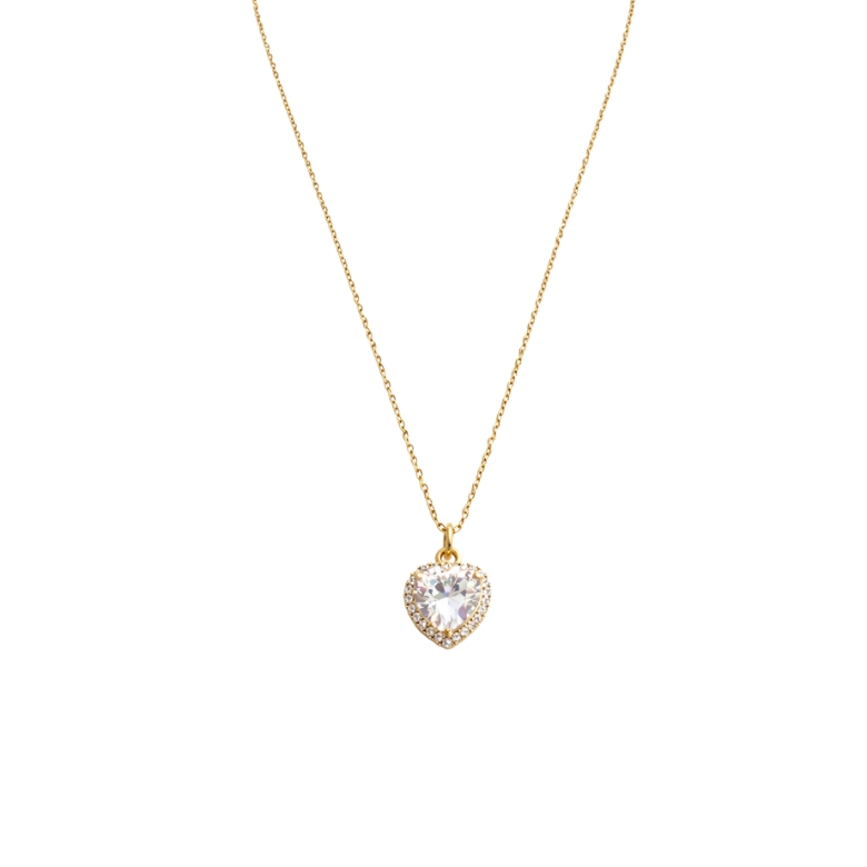 Collana Punto Luce Cuore in Acciaio Dorato: Golden steel necklace with a heart-shaped pendant with a central stone.