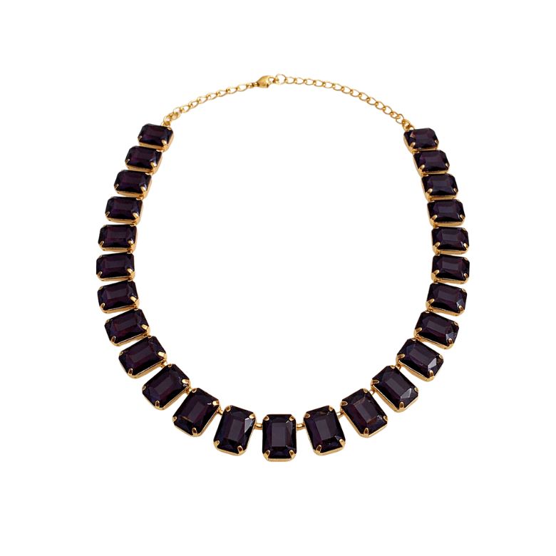 Collana Viola Notte: Gold chain necklace with dark purple, rectangular crystals. Stylish jewelry.