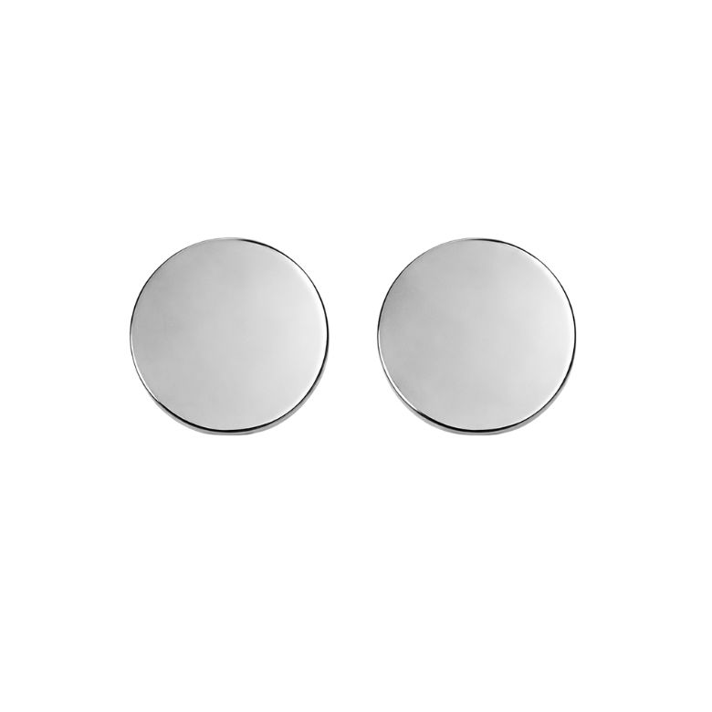 Close-up of two round, silver-toned 'Orecchini a Bottone Specchiati' earrings, reflecting light, against a white background.