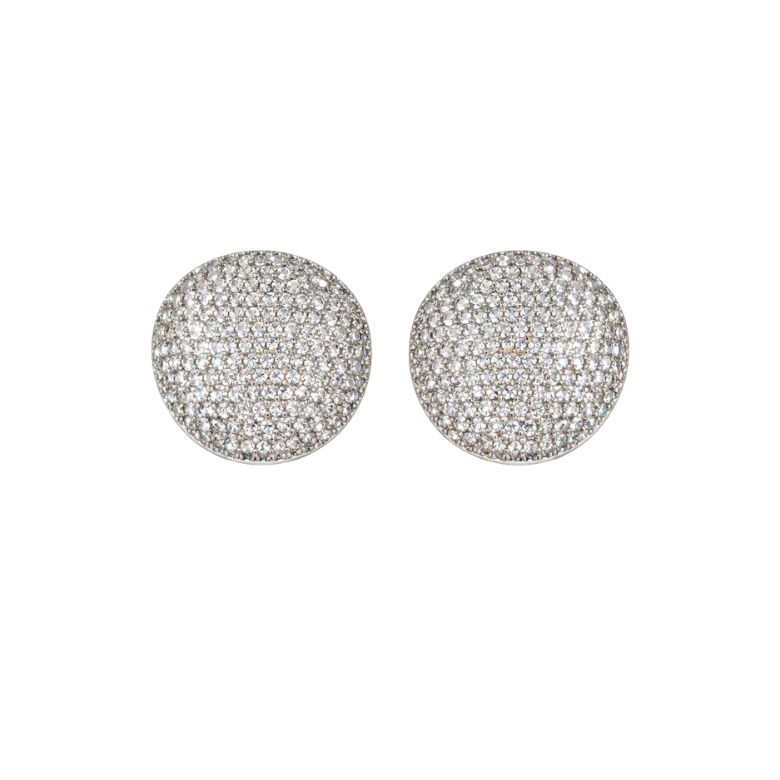 Close-up of Strass Silver Steel Circle Earrings: Round, silver earrings covered in shimmering rhinestones.