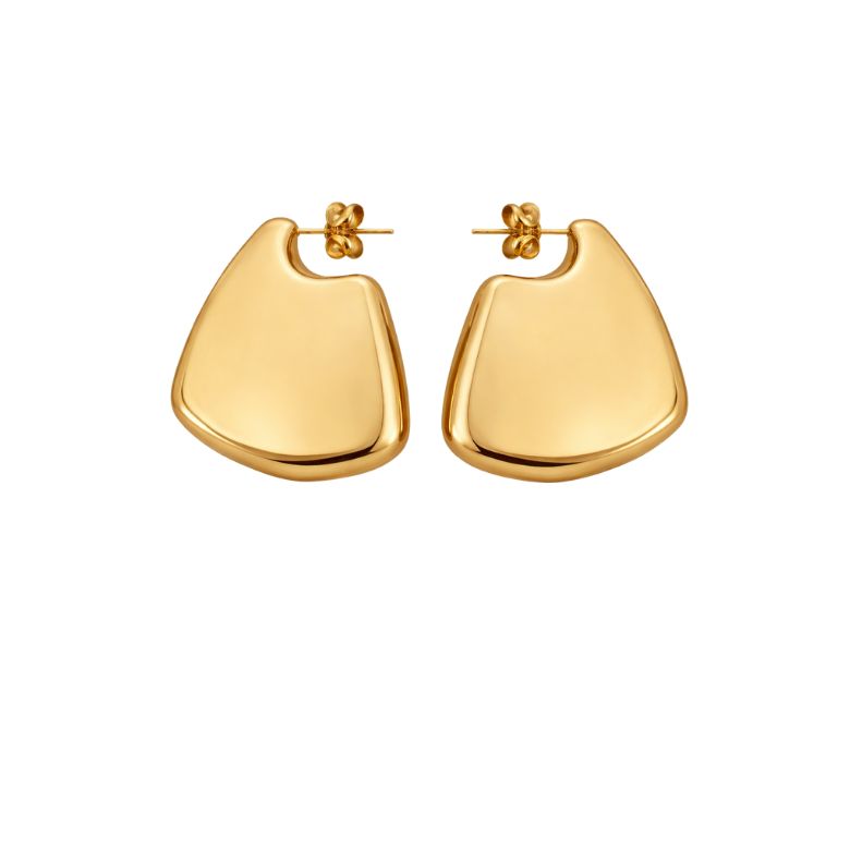 Close-up of the Sculpted Gold Steel Stud Earrings, showcasing their smooth lines, shiny gold finish, and modern, eye-catching sculptural design.