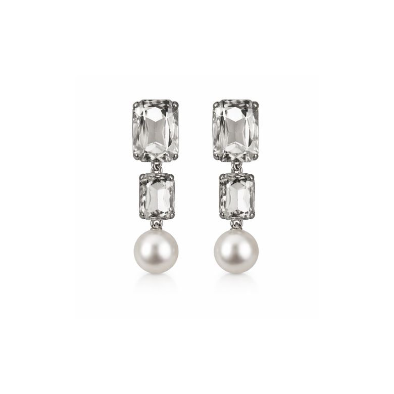 Crystal Pearl Elegance Earrings: Silver tone earrings with faceted crystals and pearl drops. Elegant, timeless, and hypoallergenic.