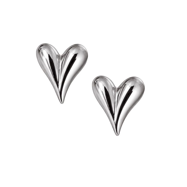 Close-up of two shiny silver Orecchini Cuore Tridimensionale Lucido in Acciaio Argentato heart stud earrings on white background.