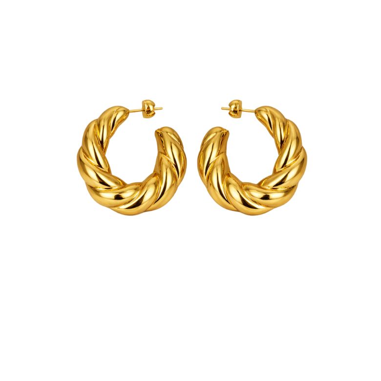 Close-up of golden stainless steel Orecchini Intrecciati, showcasing their twisted design and shiny finish with butterfly closures.