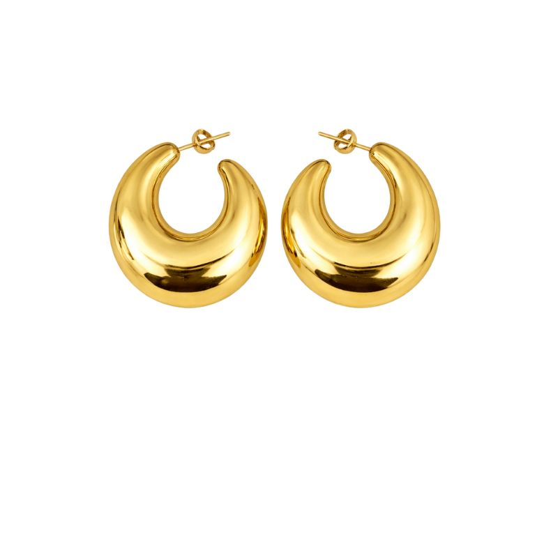 Close-up of Orecchini Lume Dorato: Shiny golden hoop earrings in polished stainless steel, butterfly clasp, studio shot.