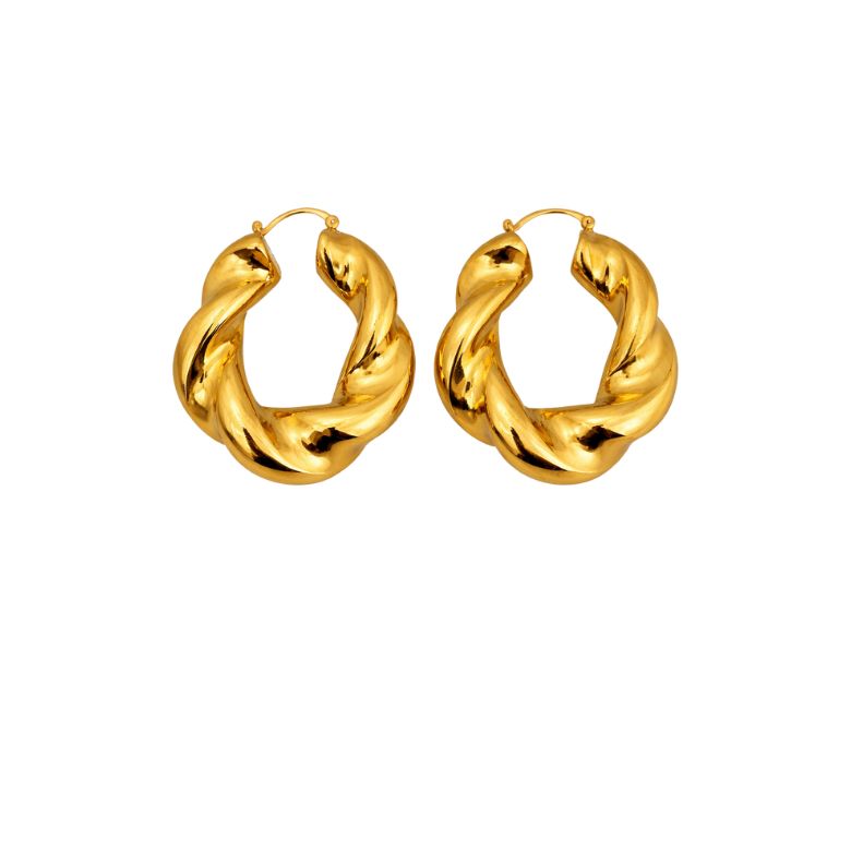 Close-up of golden twisted hoop earrings, showcasing the intricate design and reflective surface.