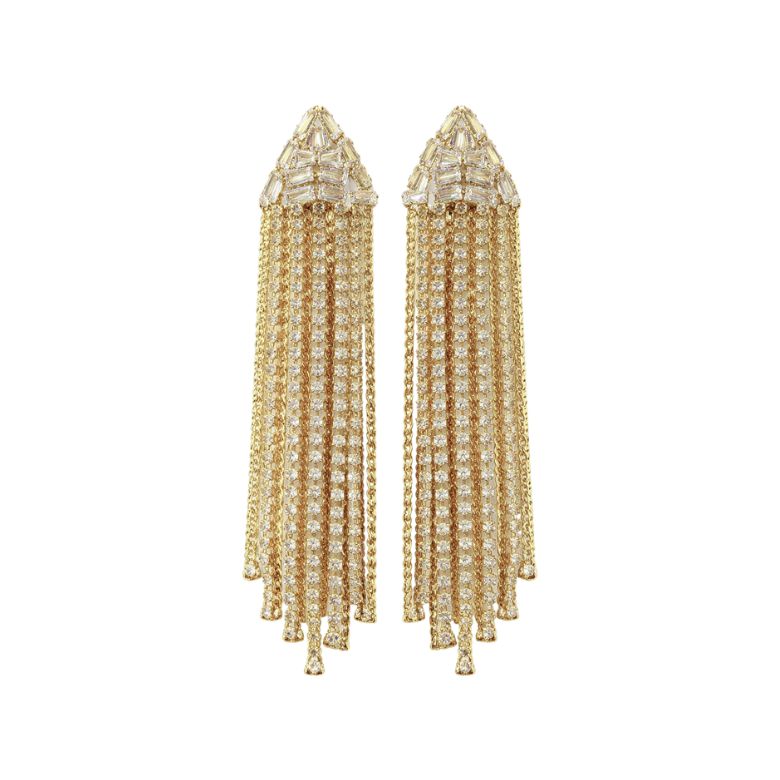Orecchini Pendenti con Strass A Baguette Argentati: orecchini pendenti argentati con strass, perfetti per un look elegante e luminoso.