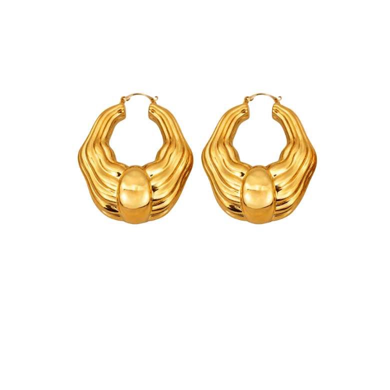 Golden Sculpted Steel Drop Earrings: Close-up view of the gleaming, modern design, showcasing their unique shape and texture.