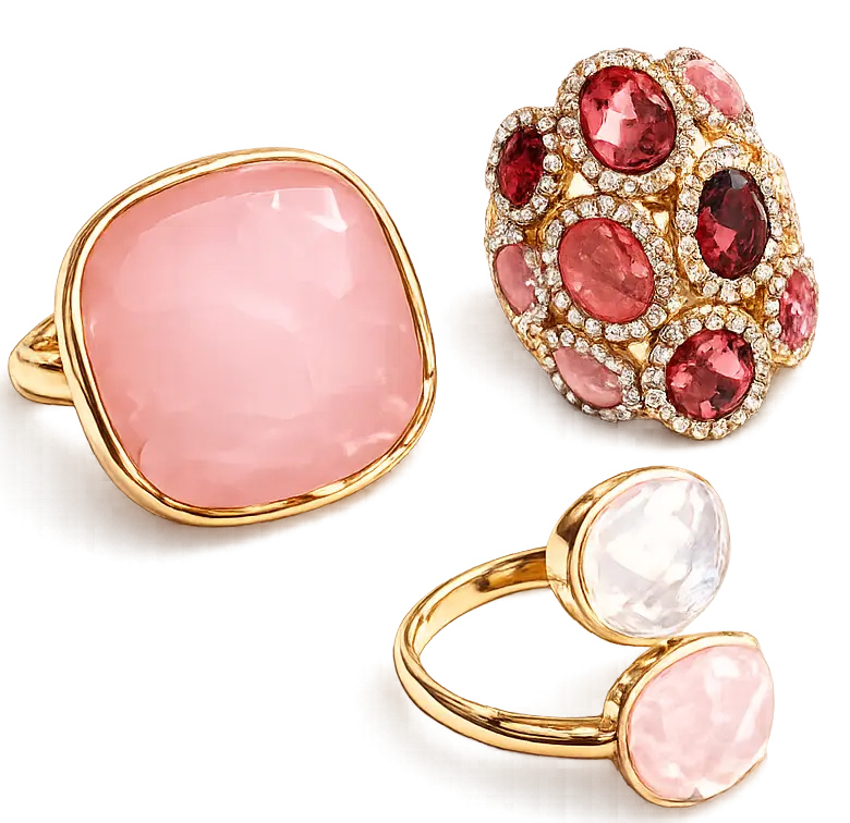 Anelli Coco in oro con pietre rosa e brillanti. Gioielli artigianali di lusso per un'eleganza senza tempo. Scopri la collezione.