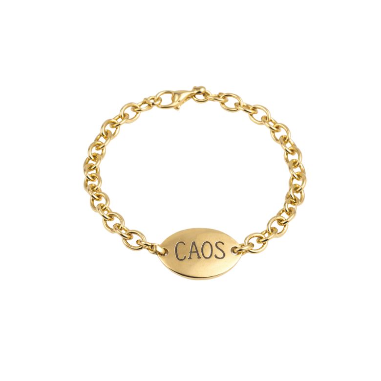 Bracciale donna con scritta Caos in acciaio dorato. Gioiello elegante e moderno.