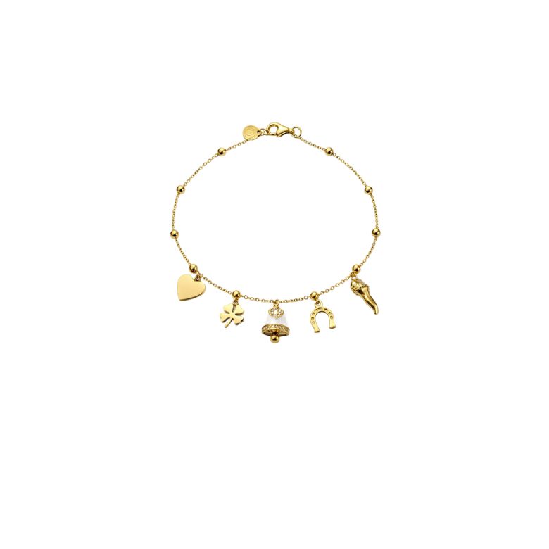 bracciale donna in acciaio dorato con charms e campanellina smaltata bianca