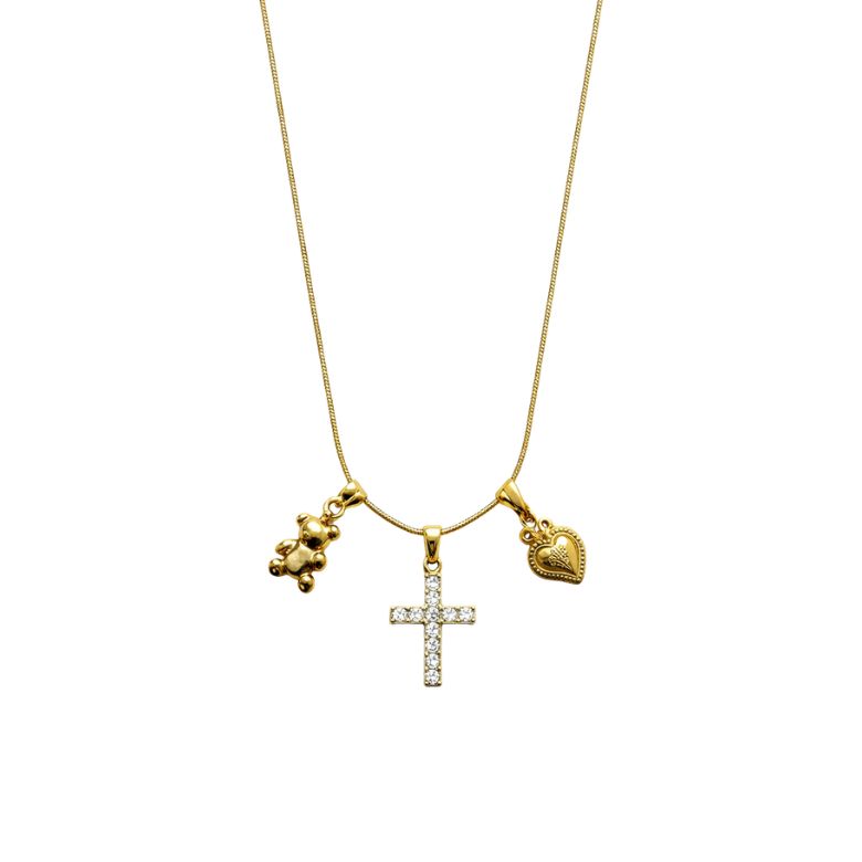 collana girocollo in acciaio dorato con charm croce a strass, orso e cuore sacro