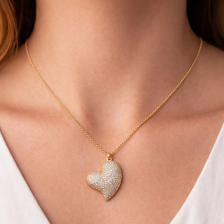 Collana girocollo in Acciaio dorato con cuore bombato e strass - Grande Medio - immagine 2