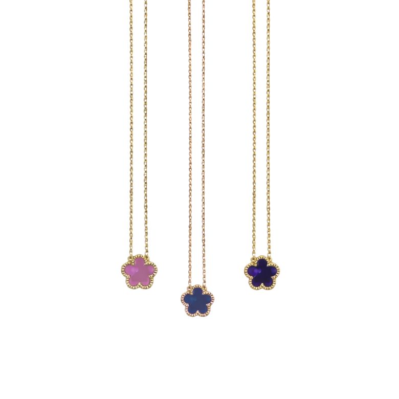 collana girocollo in acciaio dorato con fiore singolo. disponibile in colorazioni blu,viola e rosa