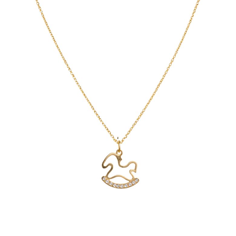collana girocollo in acciaio dorato con ciondolo cavallo a dondolo con strass incastonati
