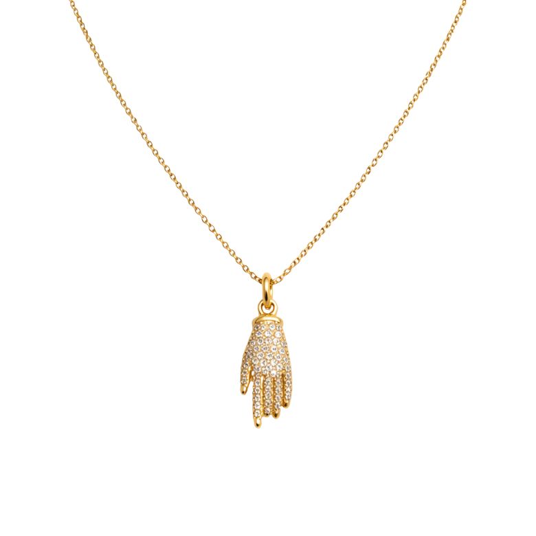 collana girocollo in acciaio dorato con mano ricoperta di strass