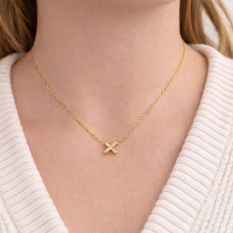 Collana girocollo in Acciaio dorato e ciondolo X con strass - immagine 2
