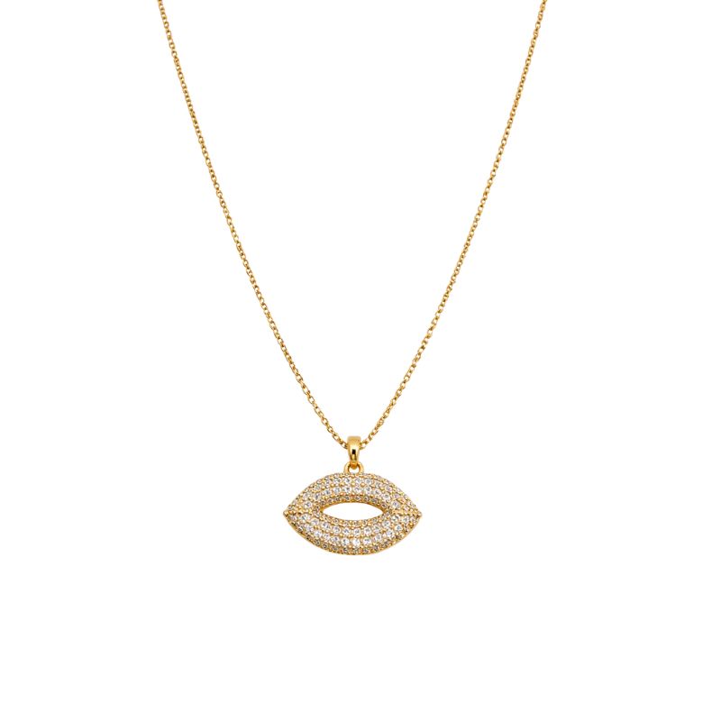 collana girocollo in acciaio dorato con ciondolo bocca ricoperto di strass
