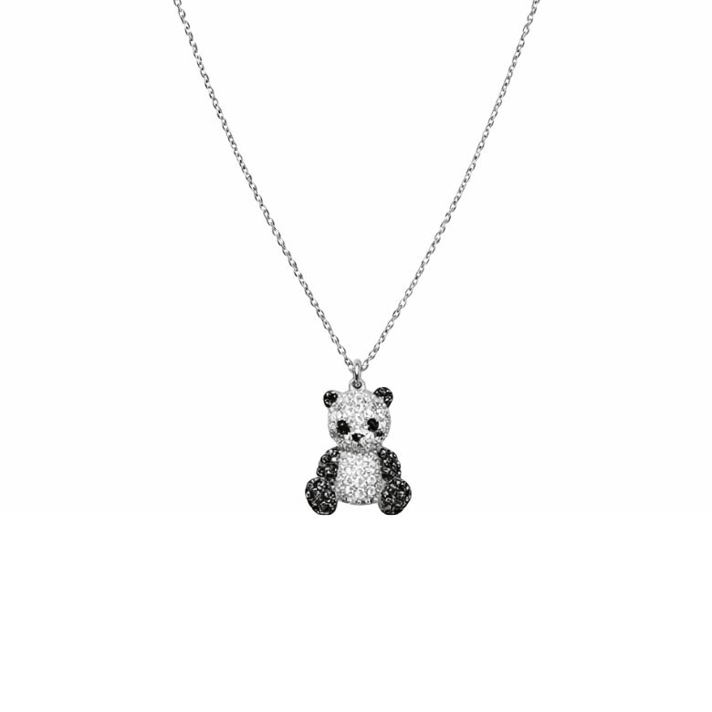 collana girocollo in acciaio argentato con ciondolo panda ricoperto di strass