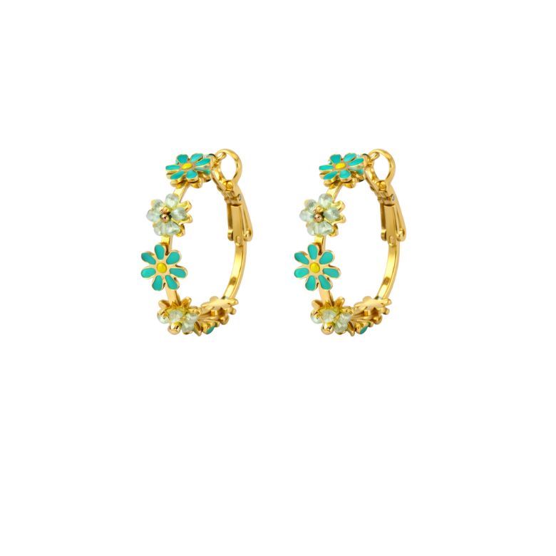 Vintage gold hoop earrings with turquoise and light green resin flowers, a delicate and romantic design.