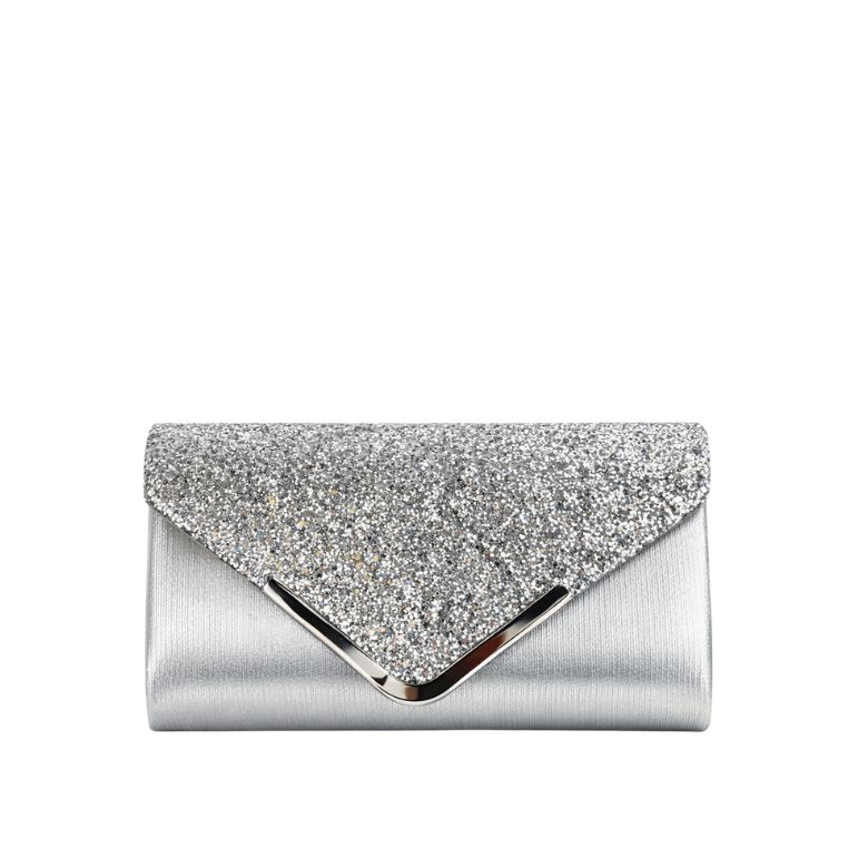 pochette argento glitter elegante da cerimonia con patta luminosa
