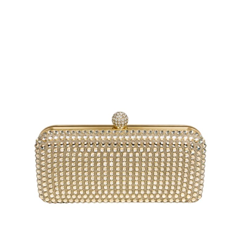 Pochette gialla ricoperta di strass con chiusura a sfera