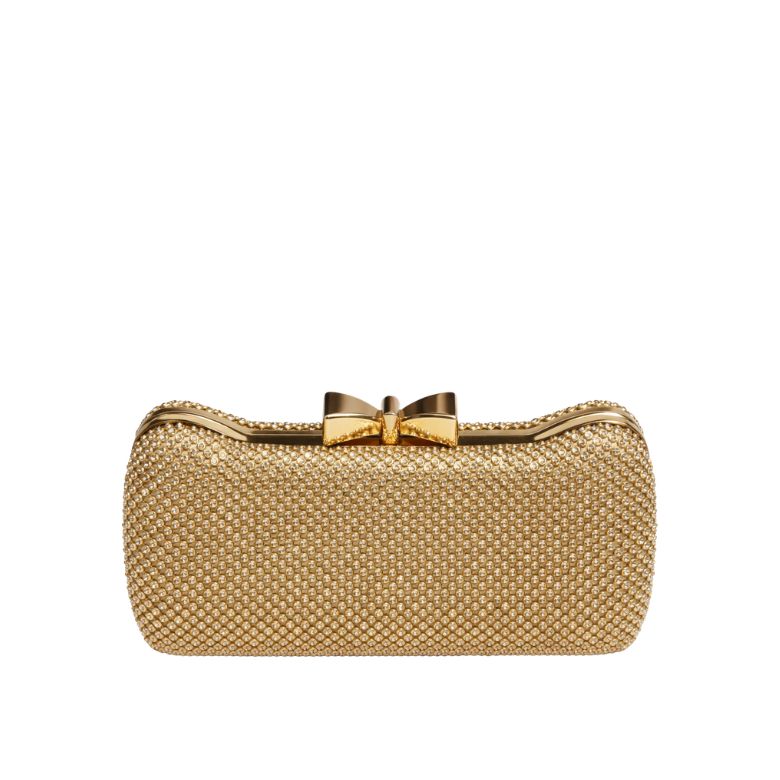 pochette color oro con strass e gioiello chiusura a fiocco