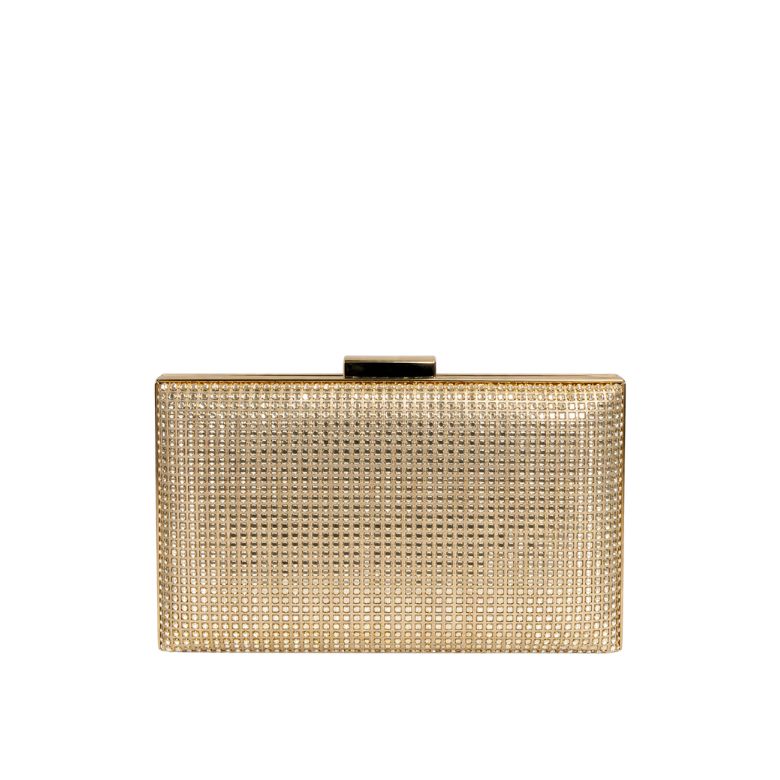 pochette rigida elegante in colore oro con strass e chiusura gioiello rettangolare