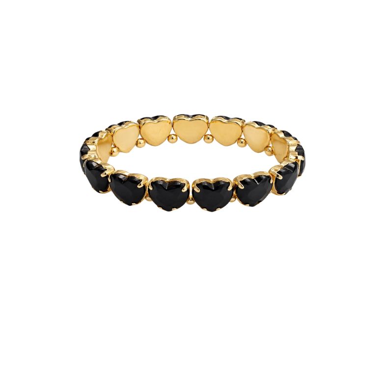 bracciale in acciaio dorato con pietre nere a forma di cuore incastonate