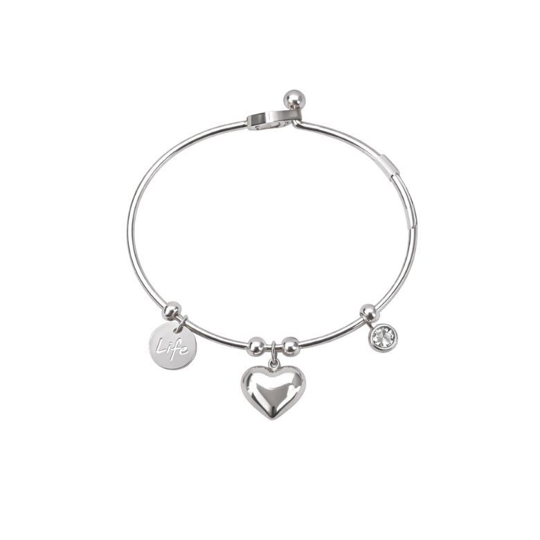 bracciale rigido in acciaio argentato con pendente cuore, punto luce e cerchio