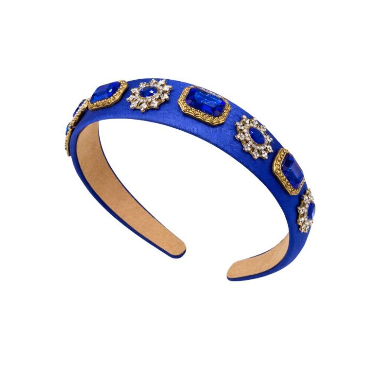 cerchietto in raso con pietre e cristalli decorativi in colorazione blu