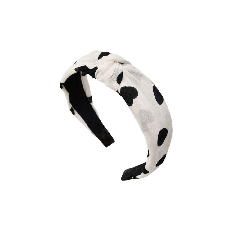 cerchietto in raso con pois a cuore e nodo frontale, colorazione base bianco