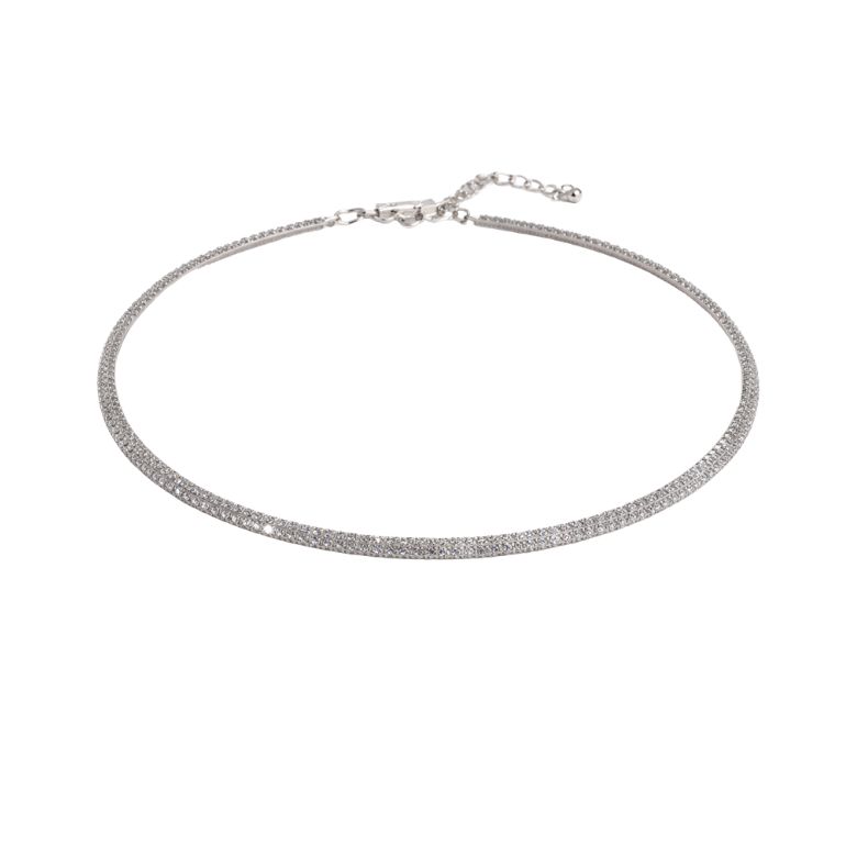 collana choker rigido in acciaio argentato con doppia fila di strass