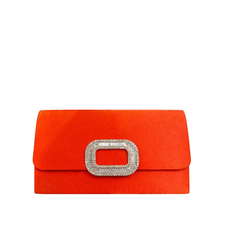 pochette arancione satinata con fibbia a gioiello