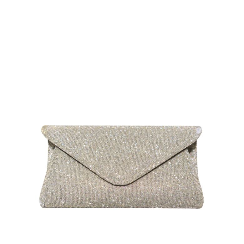 pochette argento glitterata a busta con patta arrotondata