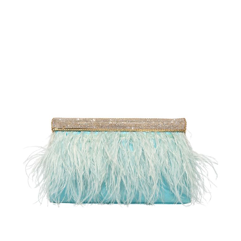 pochette azzurra con piume e chiusura a gioiello