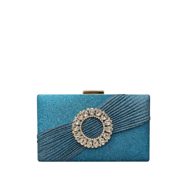 pochette azzurra glitterata con fascia plissettata e chiusura a gioiello