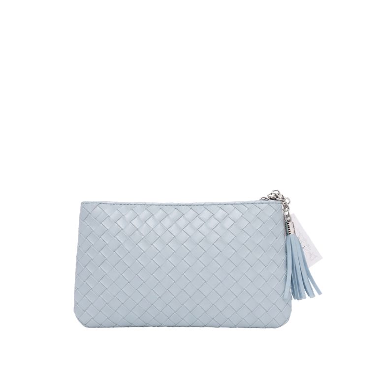 pochette azzurra intrecciata con nappina