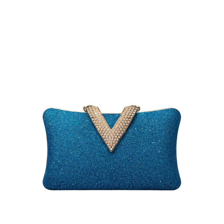 pochette blu glitterata con chiusura a V elegante