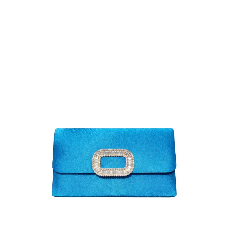 pochette blu petrolio satinata con chiusura gioiello rettangolare