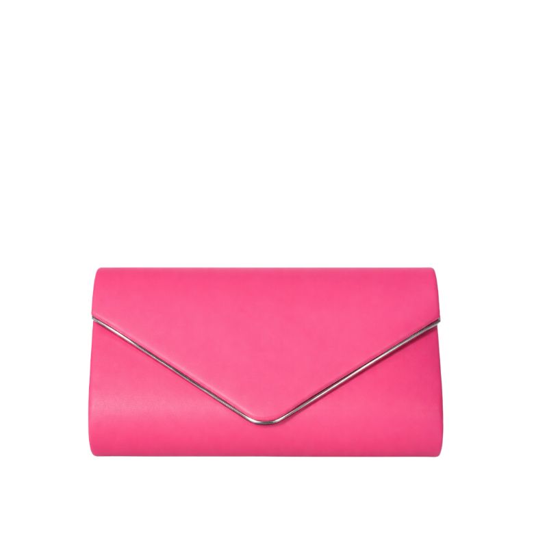pochette fucsia satinata con patta a v e profilo metallico