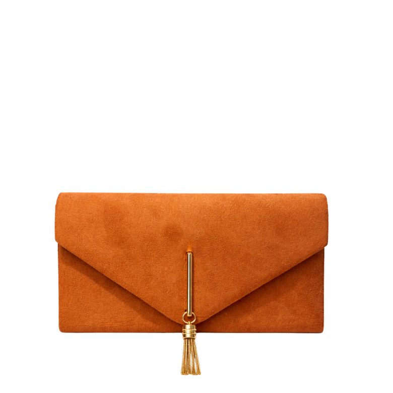pochette marrone effetto camoscio con nappa