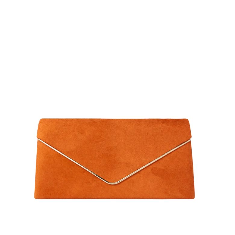pochette marrone effetto camoscio con profilo metallico